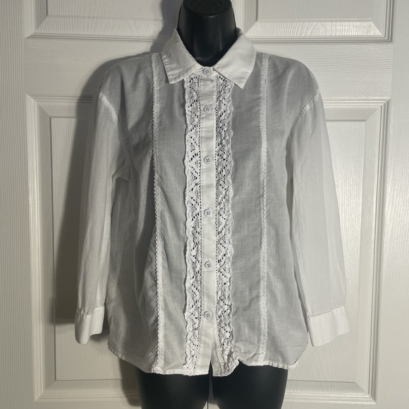 CAbi Tops - Cabi Shirt Women M White Lightweight Sheer Lace Trim Long Sleeve Whimsical Top